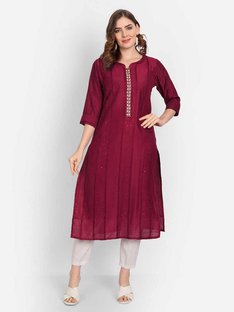 Charvi - (Plus Size) Marron Chandei Silk Self Crochet Womens Kurti