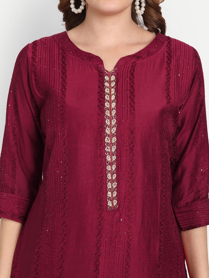 Charvi - (Plus Size) Marron Chandei Silk Self Crochet Womens Kurti