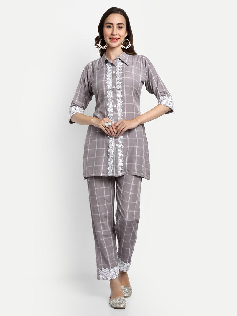 Charvi - Checks Cotton Blend Co-Ord Set With Crochia Lace Work