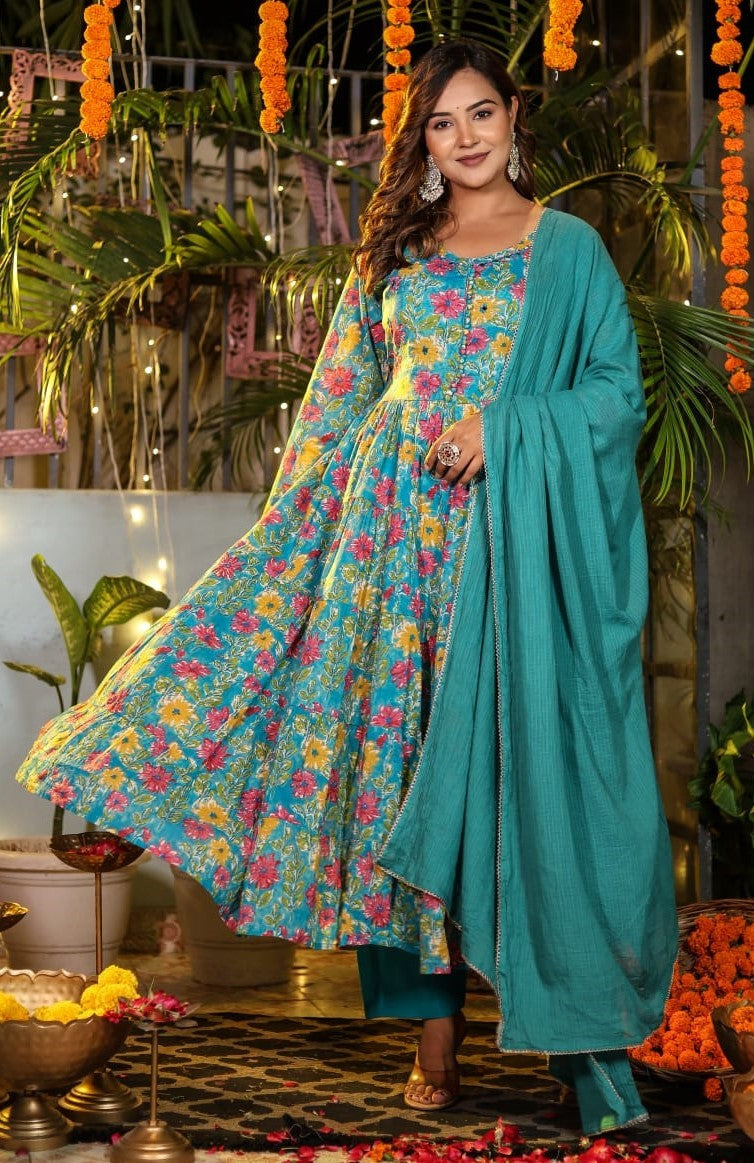RKS - Cotton Mulmul Full Flared Anarkali Kurti with Pant and Dupatta