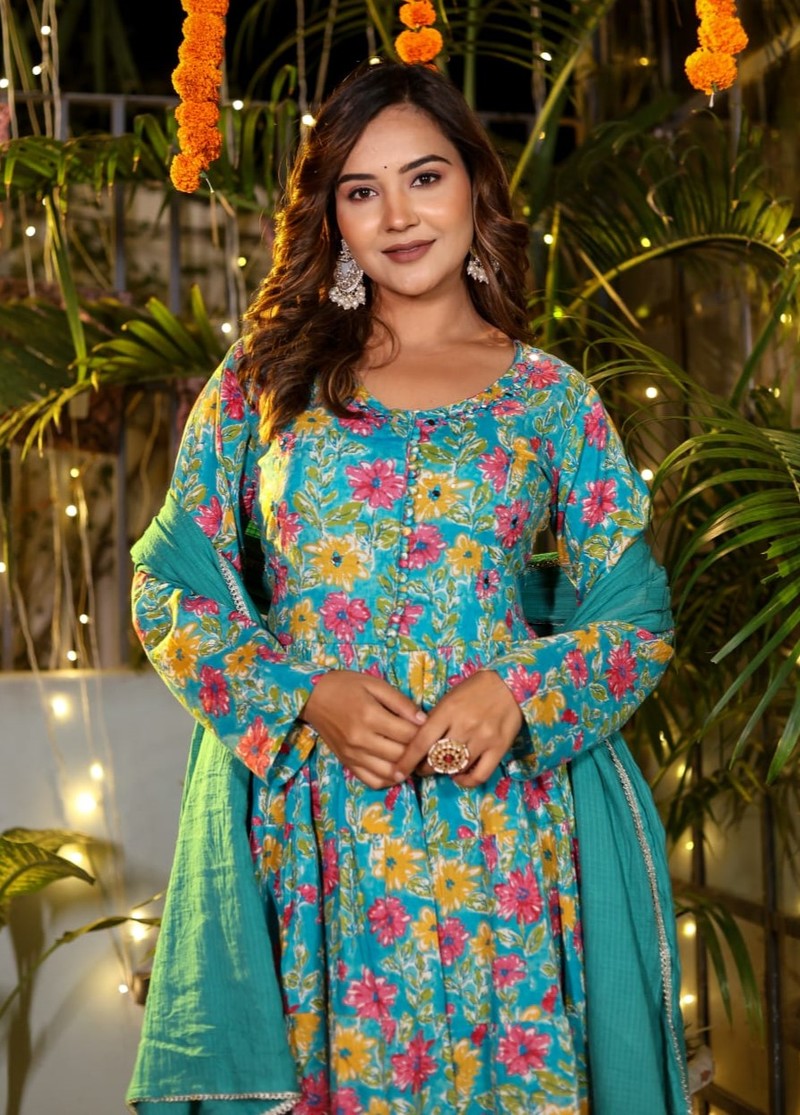 RKS - Cotton Mulmul Full Flared Anarkali Kurti with Pant and Dupatta