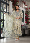 Juniper - Grey Floral Printed Liva Rayon Kurta, Pant And Dupatta Set With Mirror & Thread Work