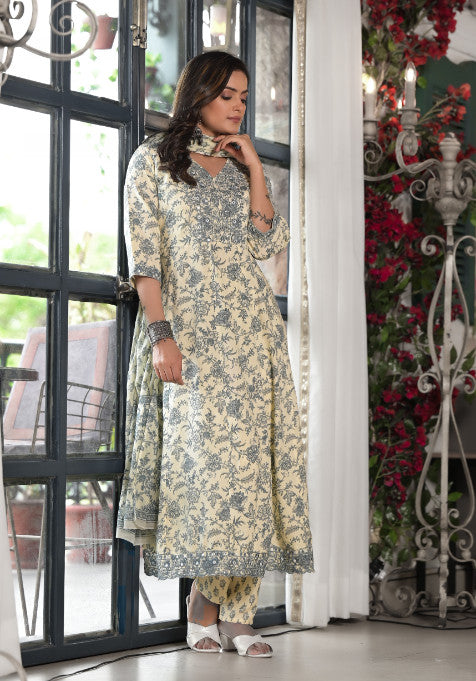 Juniper - Grey Floral Printed Liva Rayon Kurta, Pant And Dupatta Set With Mirror & Thread Work