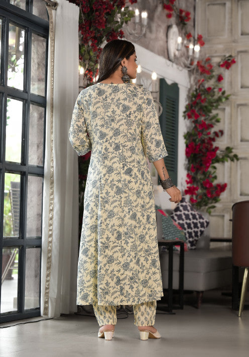 Juniper - Grey Floral Printed Liva Rayon Kurta, Pant And Dupatta Set With Mirror & Thread Work