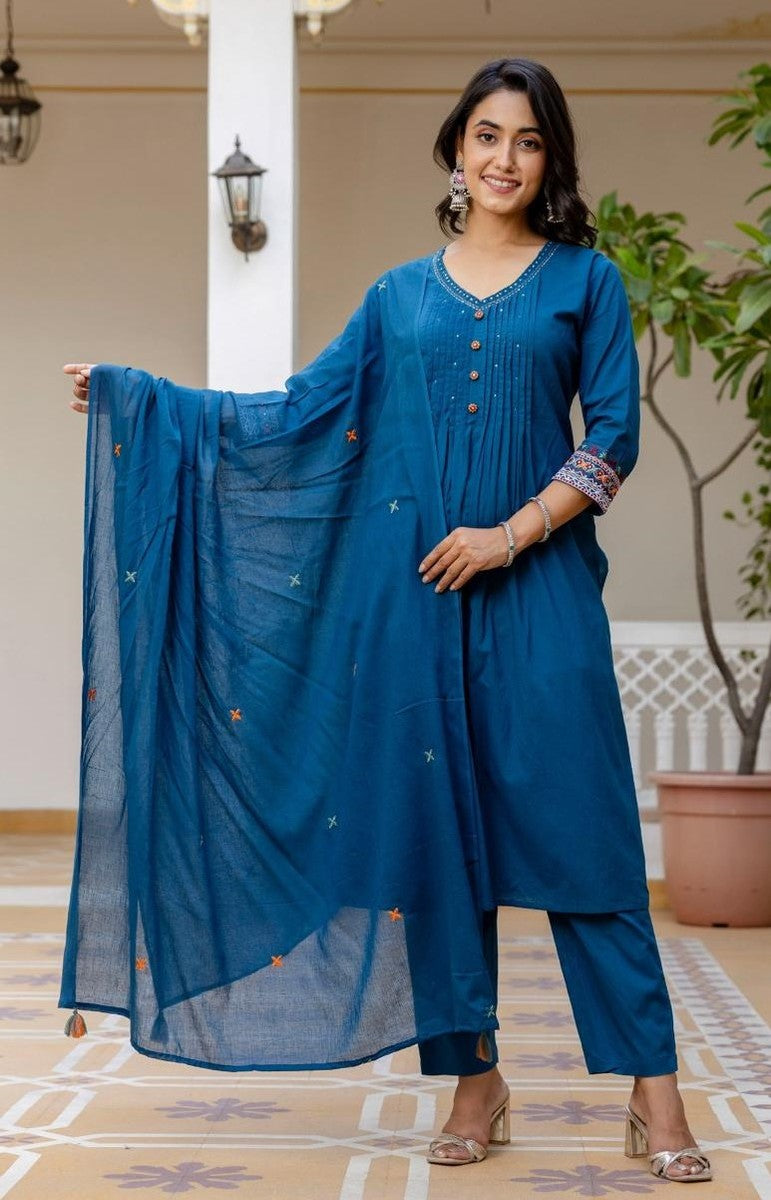 Cotton Cambric A-Line Kurti With Pant And Dupatta
