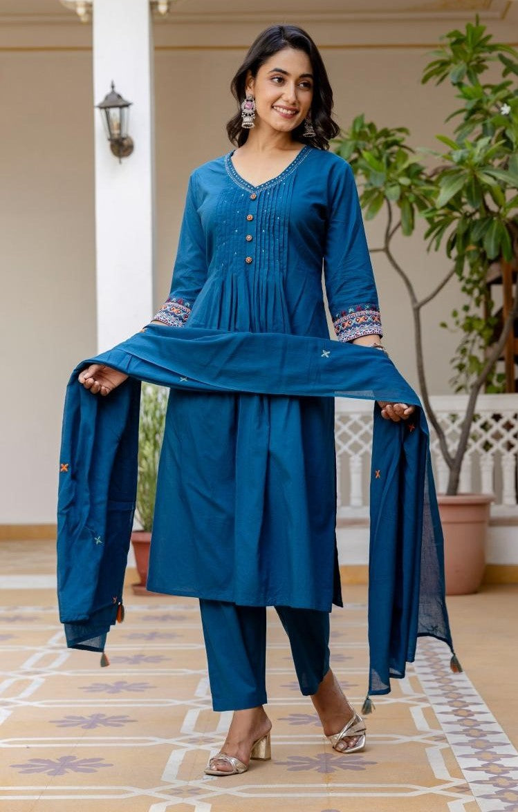 Cotton Cambric A-Line Kurti With Pant And Dupatta