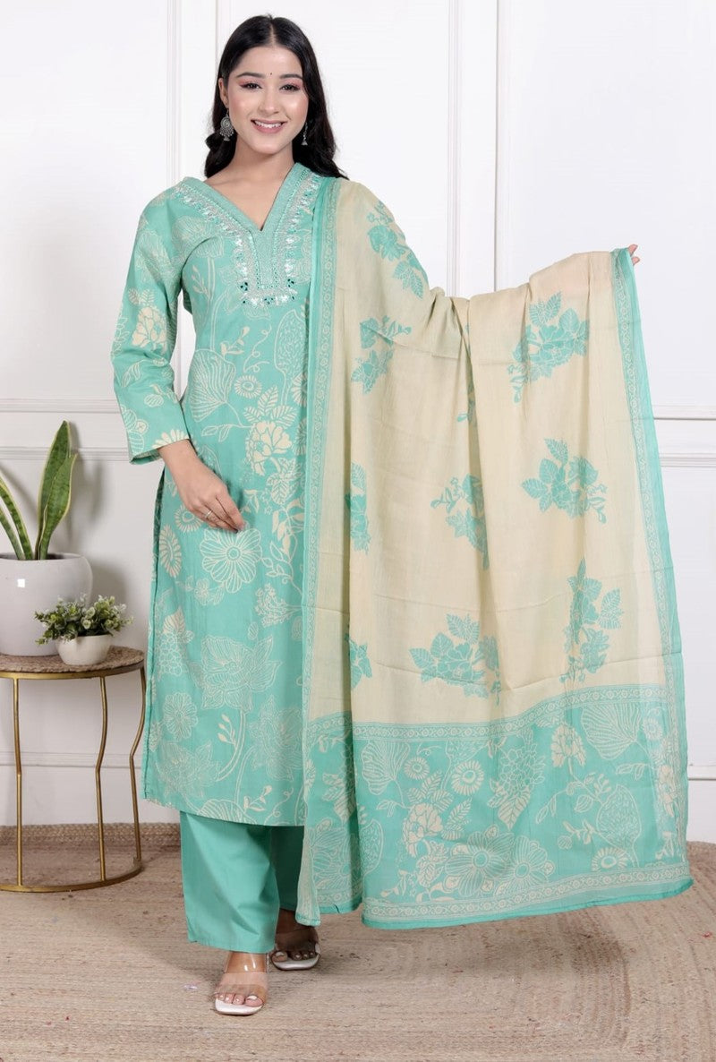 Cotton Cambric Embroidered Kurti With Pant And dupatta Light green