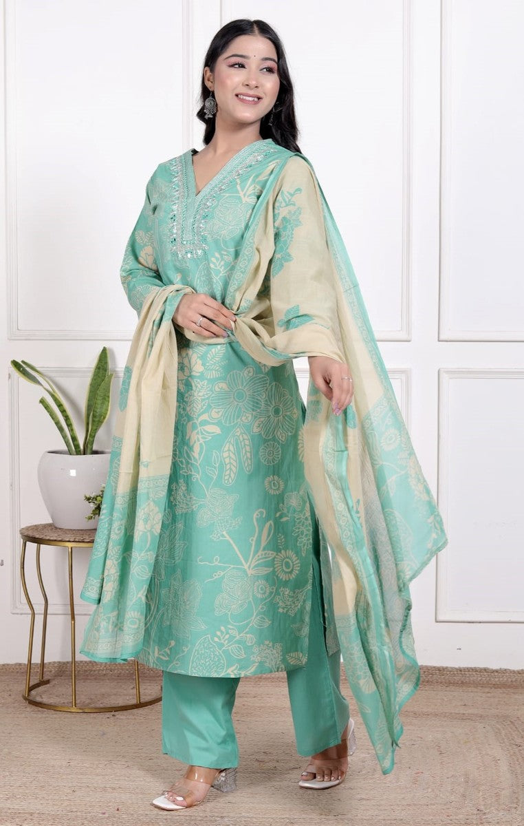 Cotton Cambric Embroidered Kurti With Pant And dupatta Light green