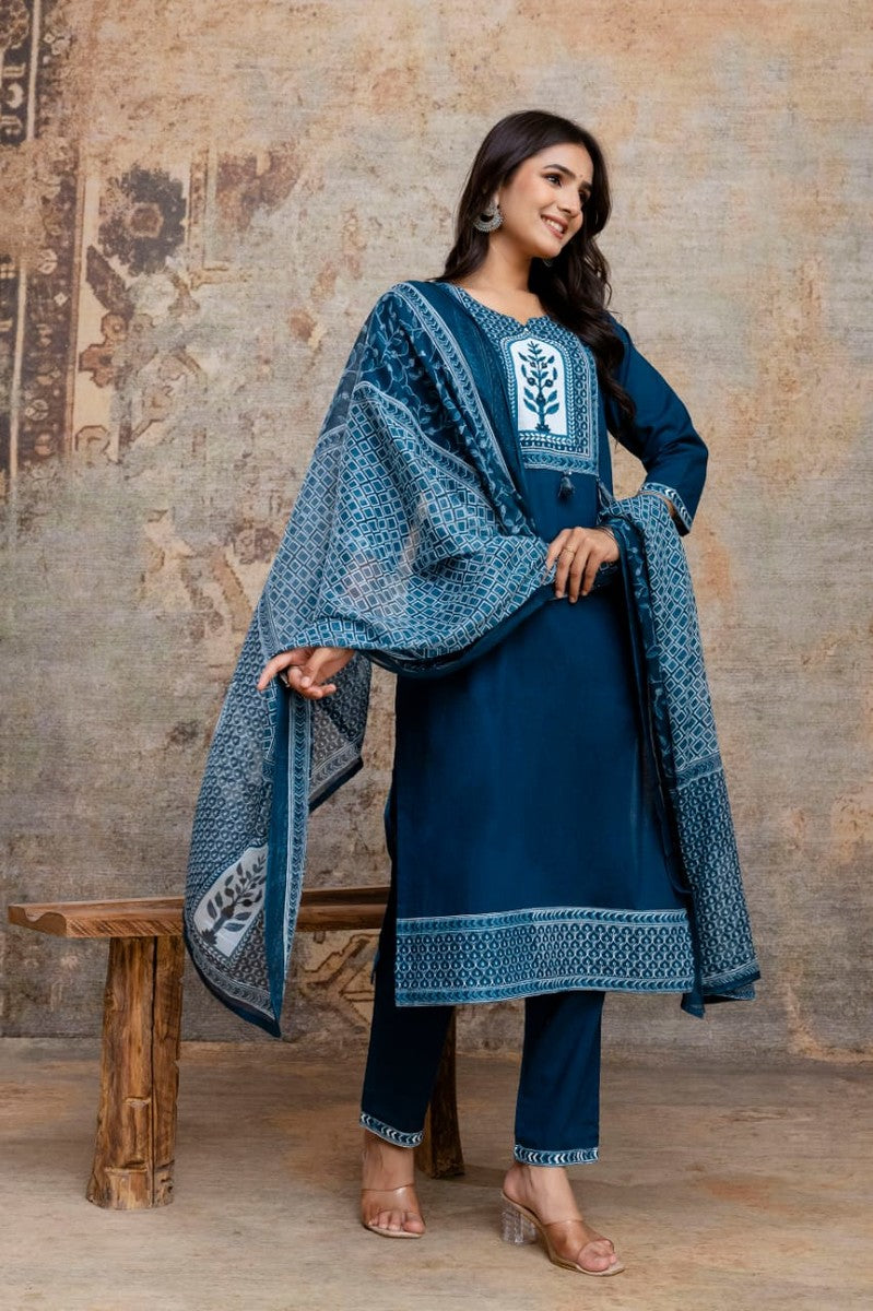 Cotton Cambric Embroidered Kurti With Pant And Dupatta