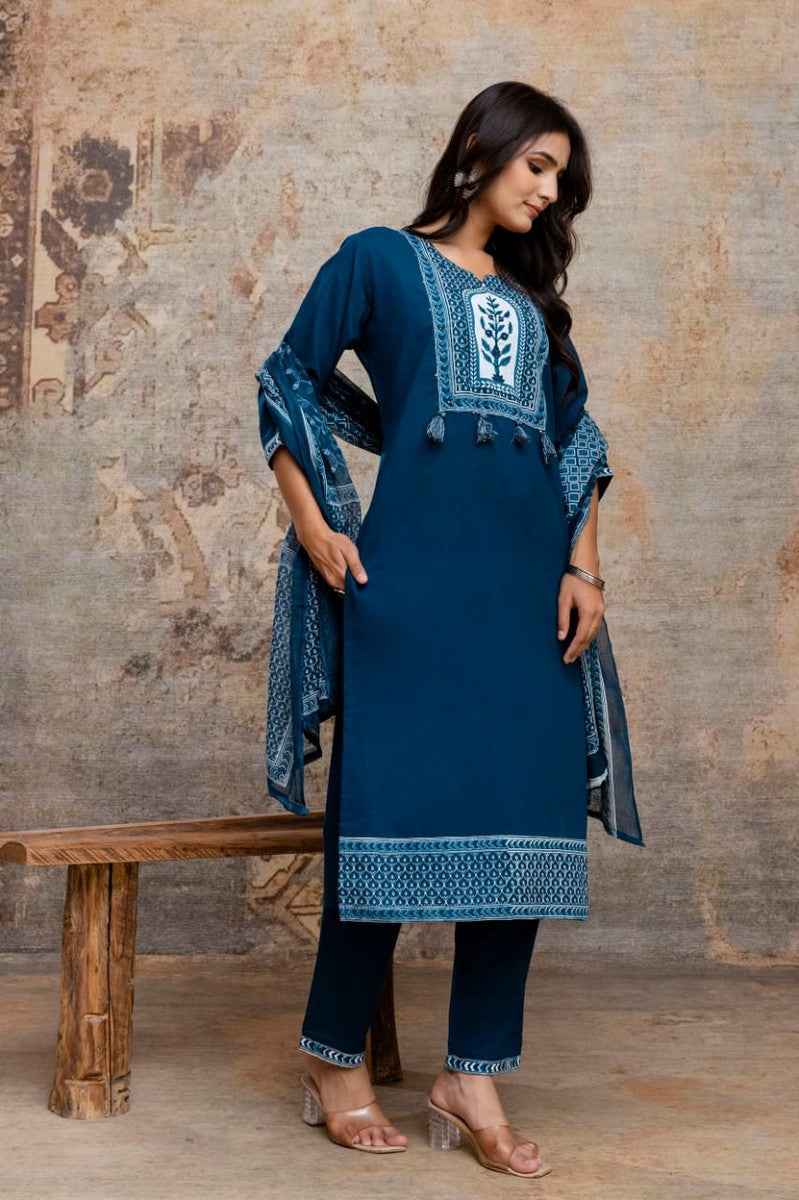 Cotton Cambric Embroidered Kurti With Pant And Dupatta