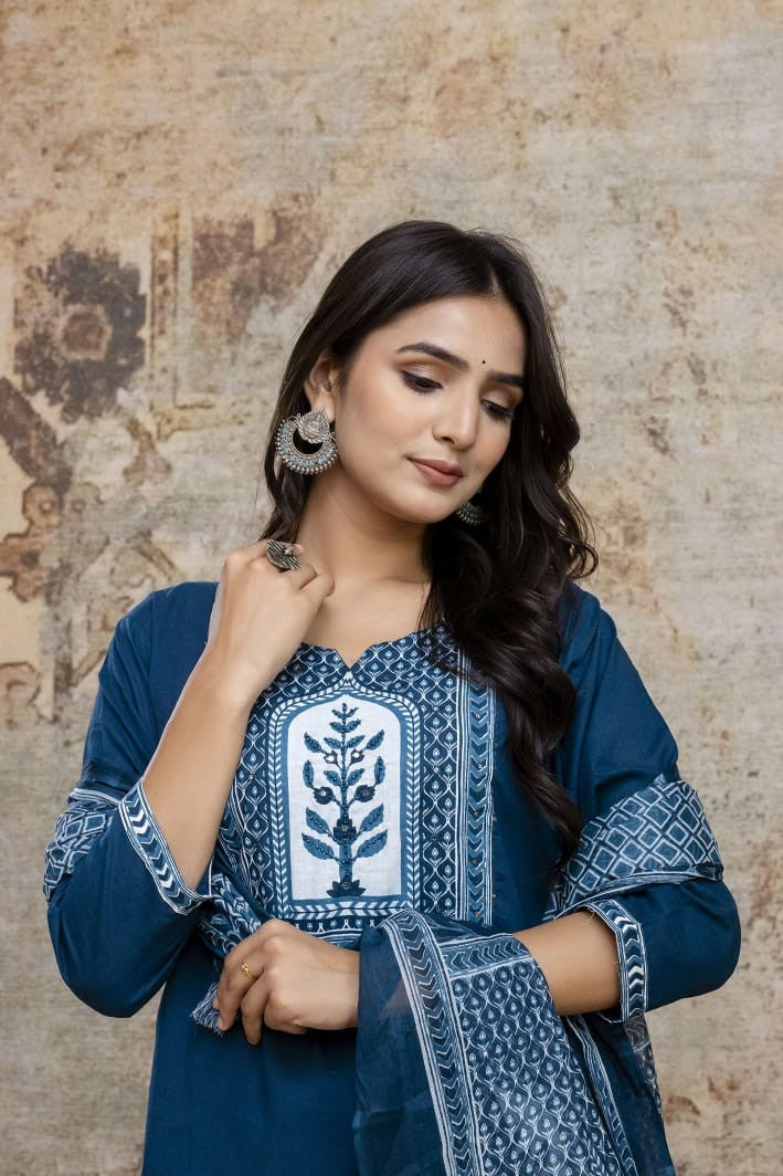 Cotton Cambric Embroidered Kurti With Pant And Dupatta