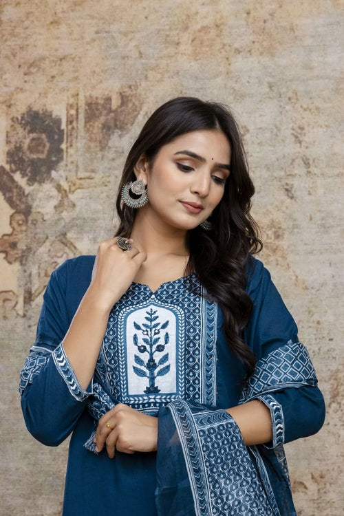 Cotton Cambric Embroidered Kurti With Pant And Dupatta