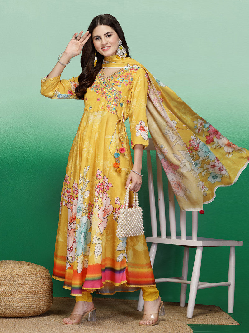 Rama's Yellow Color Embroidery Anarkali Kurta Pant With Dupatta