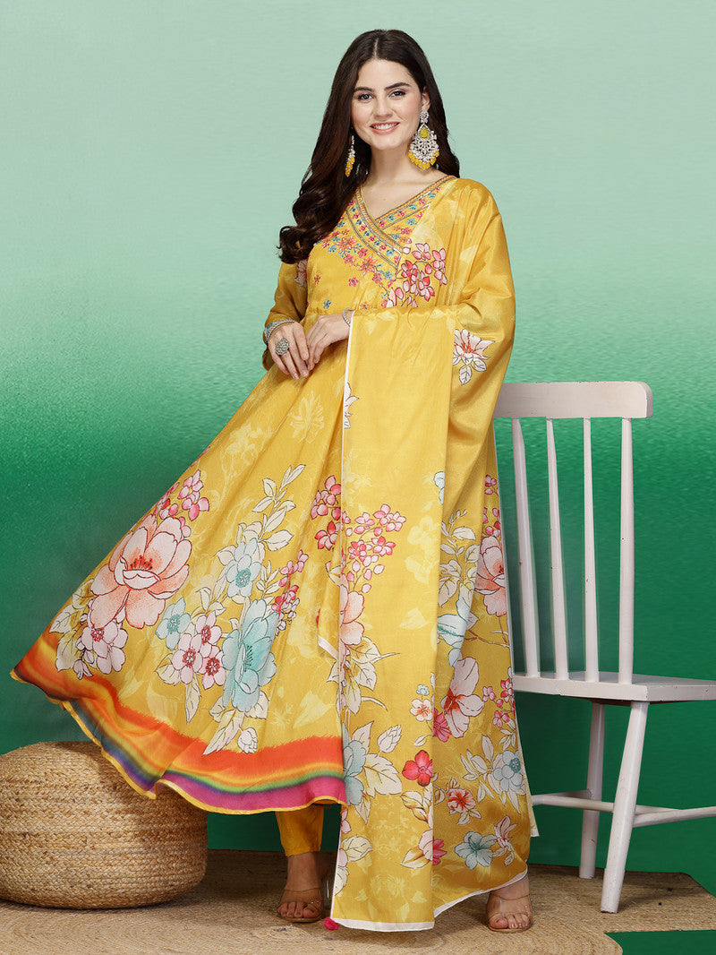 Rama's Yellow Color Embroidery Anarkali Kurta Pant With Dupatta
