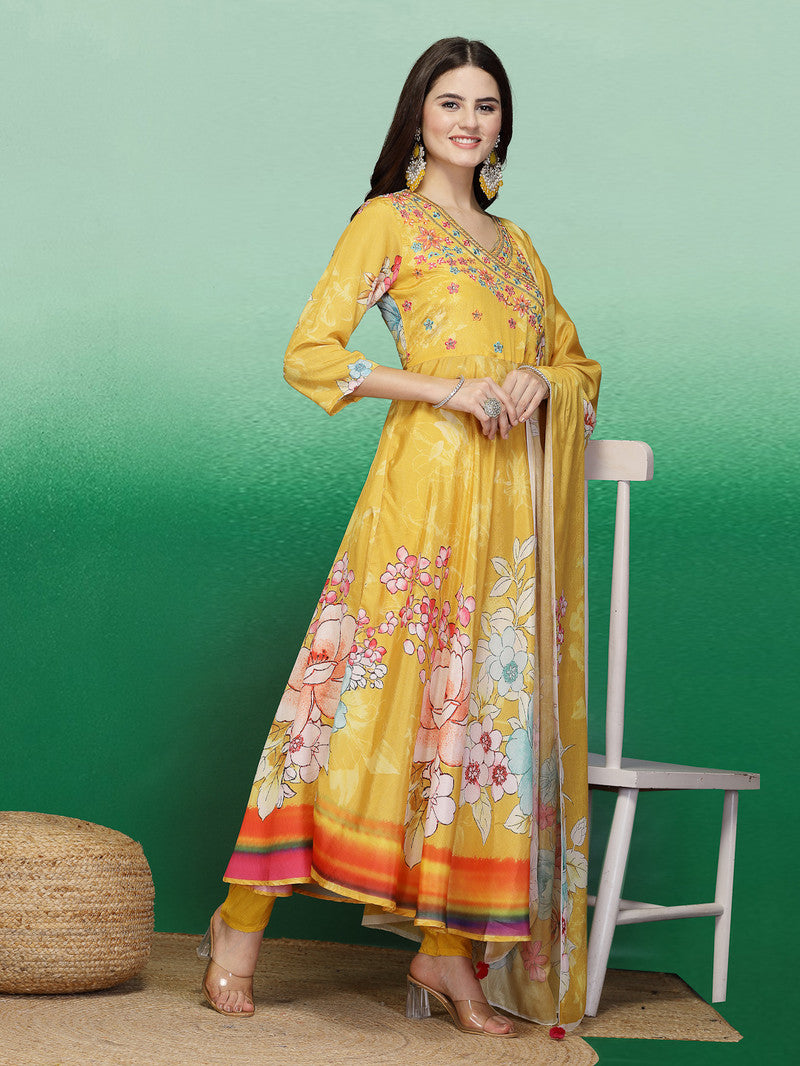 Rama's Yellow Color Embroidery Anarkali Kurta Pant With Dupatta