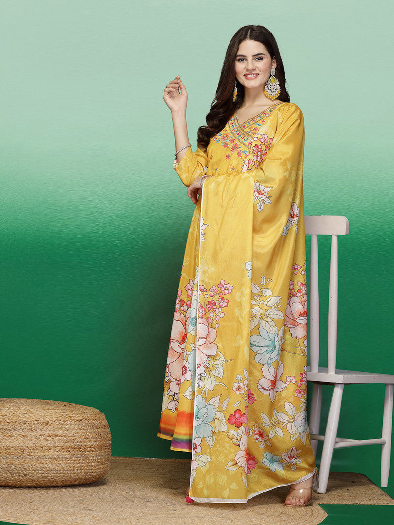 Rama's Yellow Color Embroidery Anarkali Kurta Pant With Dupatta