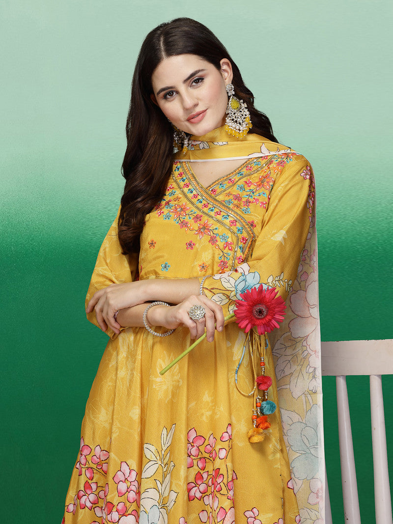 Rama's Yellow Color Embroidery Anarkali Kurta Pant With Dupatta