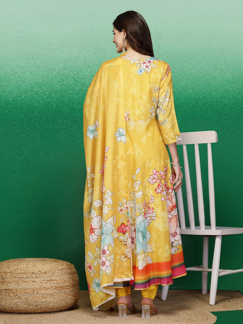 Rama's Yellow Color Embroidery Anarkali Kurta Pant With Dupatta