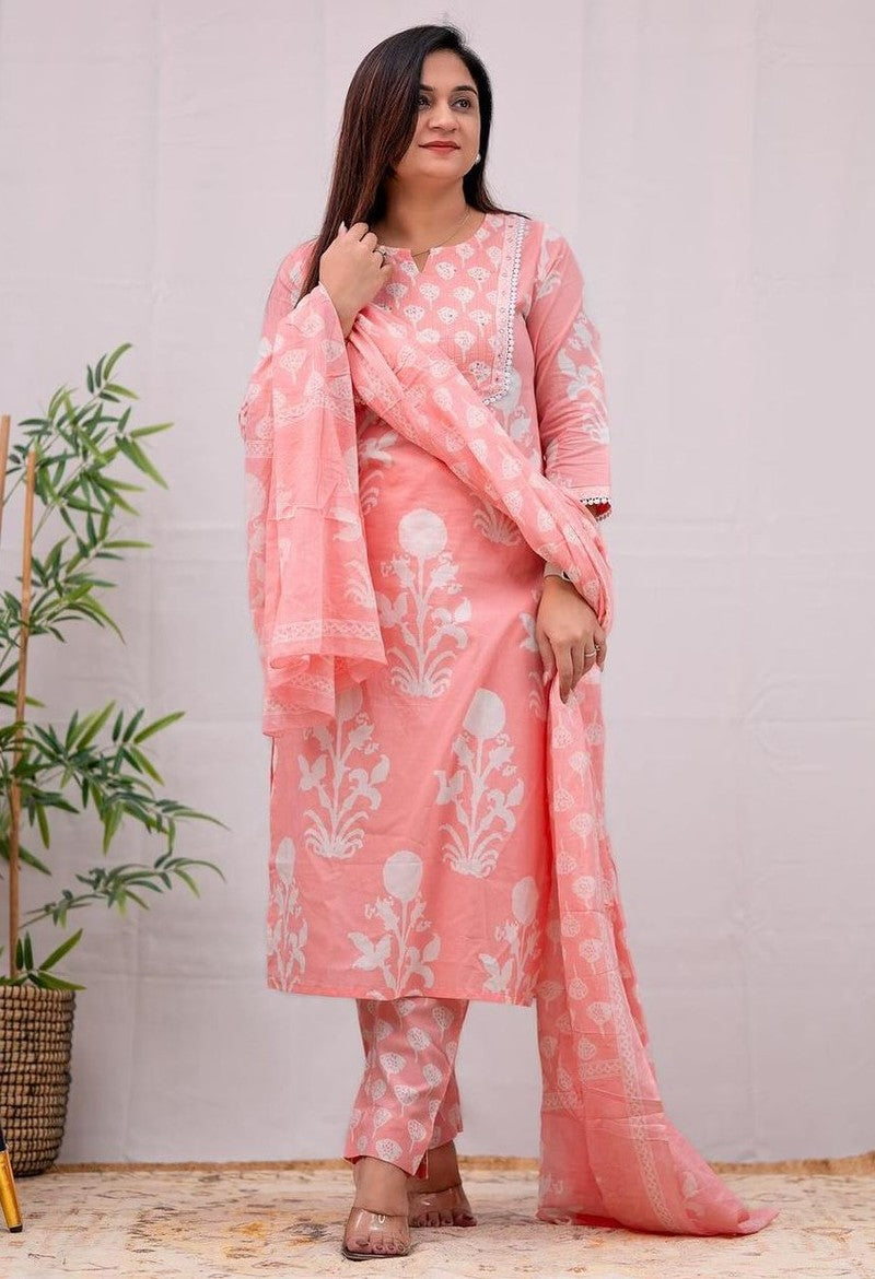 Jaipurti Print Straight Cotton Kurta With Pant Cotton Mal Dupatta