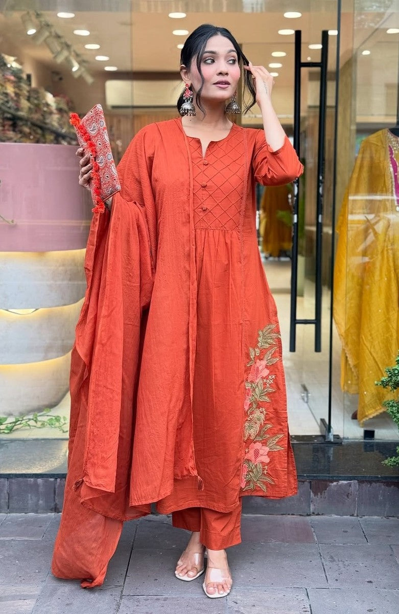 Cotton Straight Embroidery Kurta With Pant Cotton Mal Dupatta Round Neck