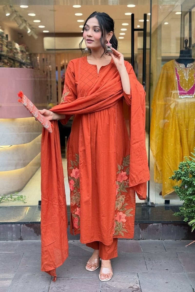 Cotton Straight Embroidery Kurta With Pant Cotton Mal Dupatta Round Neck