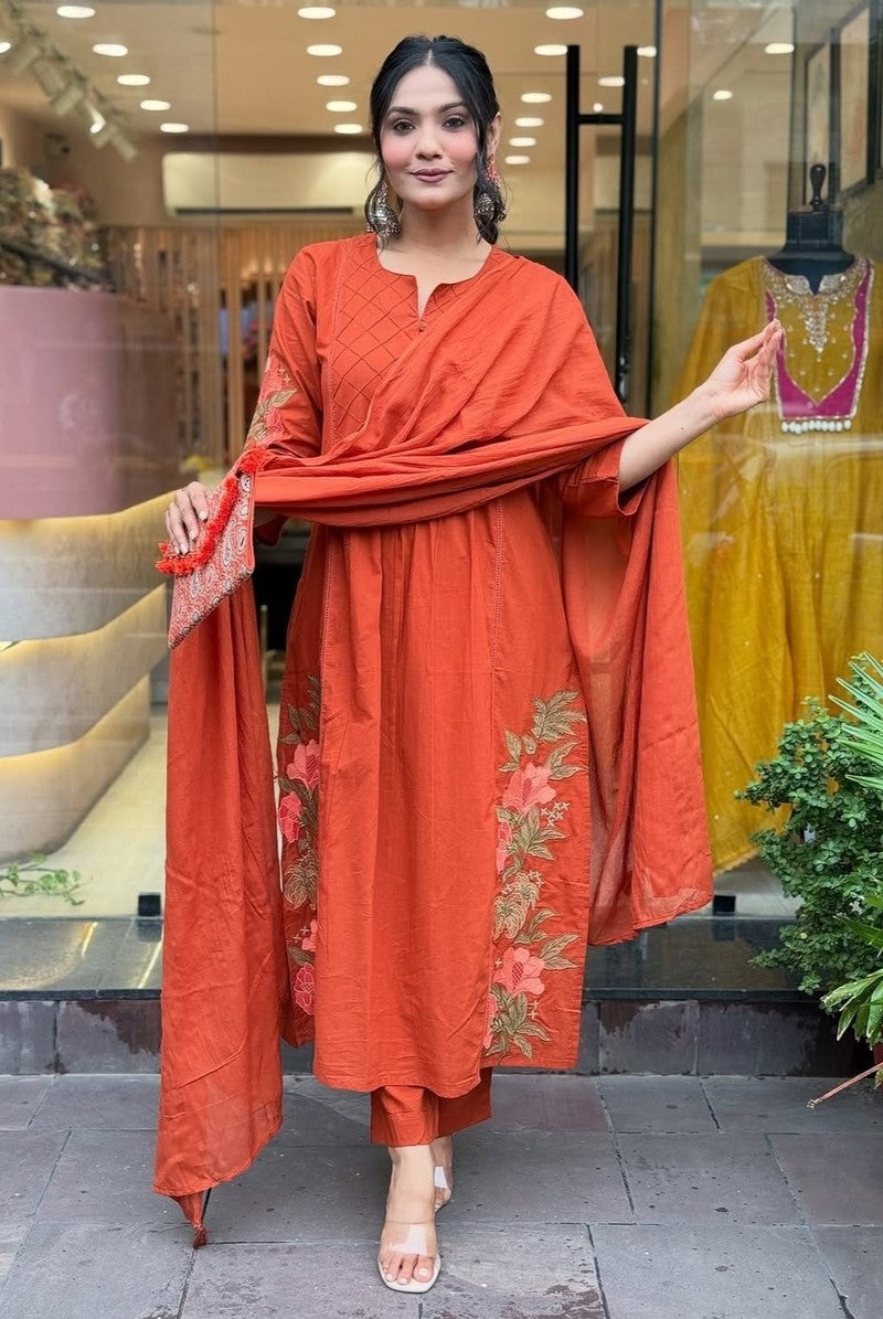 Cotton Straight Embroidery Kurta With Pant Cotton Mal Dupatta Round Neck