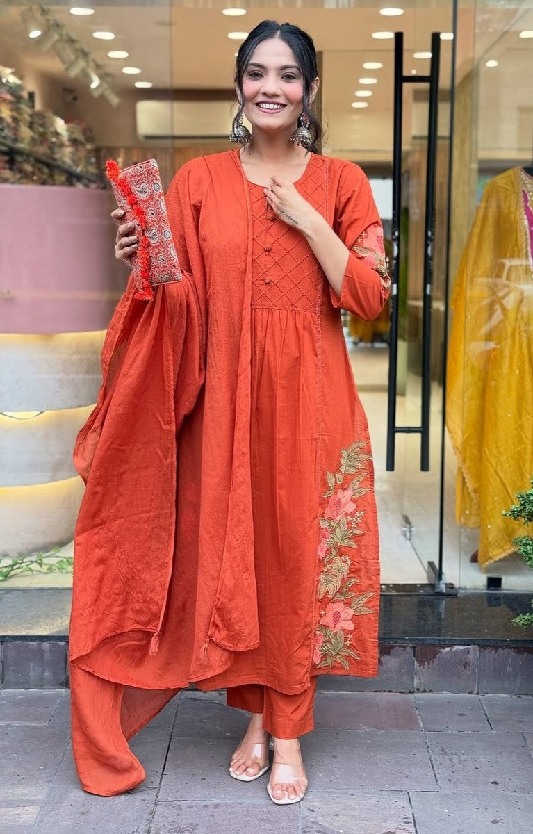 Cotton Straight Embroidery Kurta With Pant Cotton Mal Dupatta Round Neck