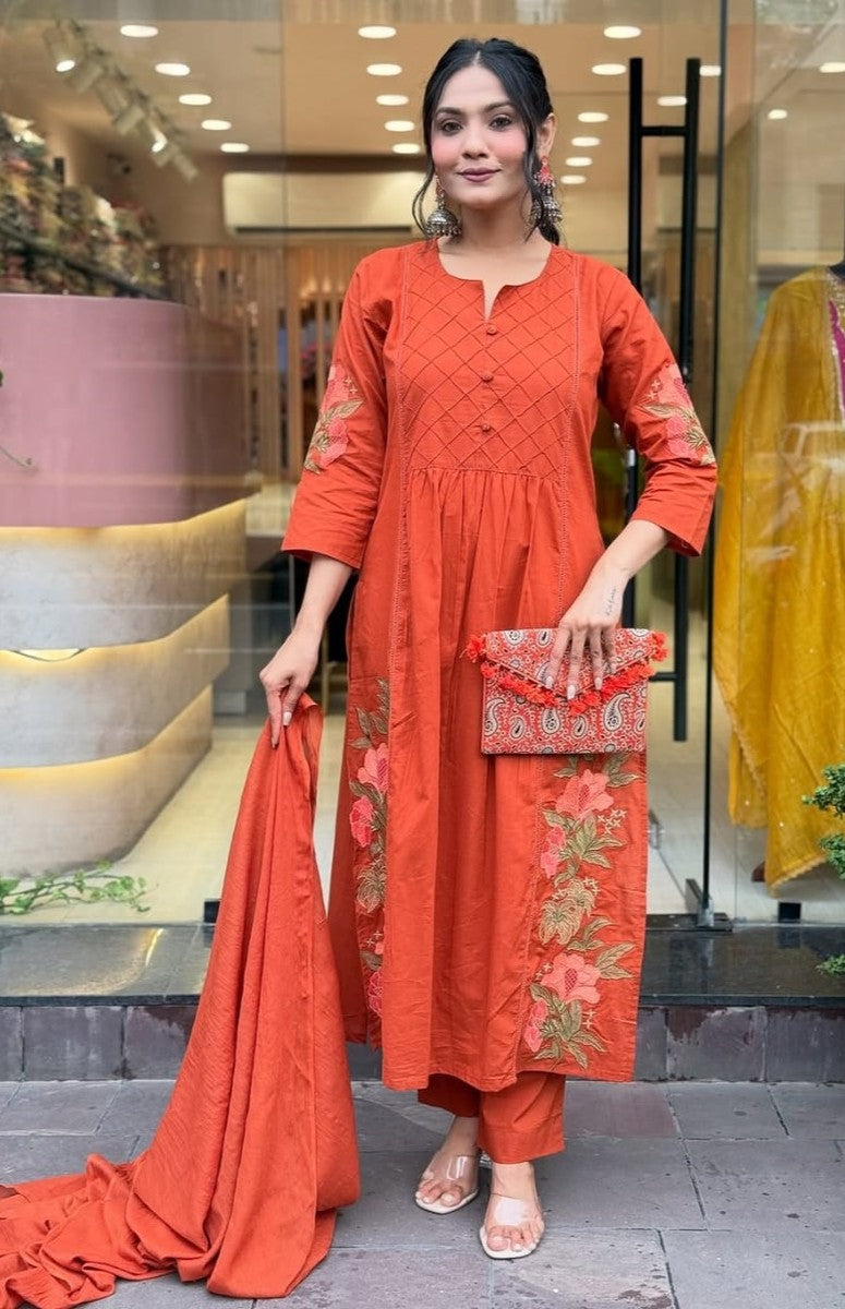 Cotton Straight Embroidery Kurta With Pant Cotton Mal Dupatta Round Neck