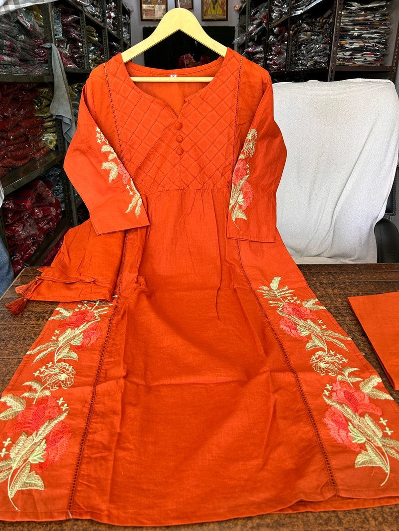 Cotton Straight Embroidery Kurta With Pant Cotton Mal Dupatta Round Neck